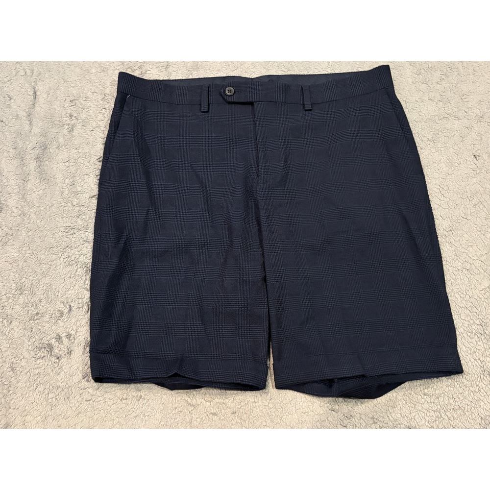 Express Mens Navy Blue Glen Plaid Check Stretch Flat Front Shorts Size 33
